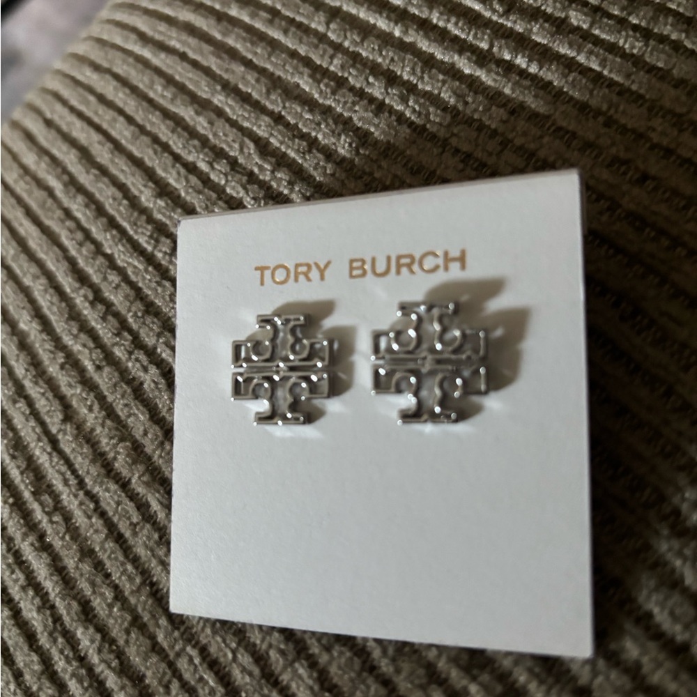 Tory Burch Silver Logo Stud Earrings - Picture 2 of 2